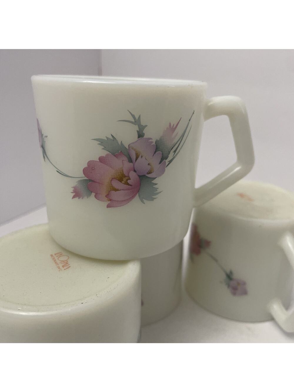 4 Vintage La Opala Hocking Fire King Mug Cup Pink Blossom